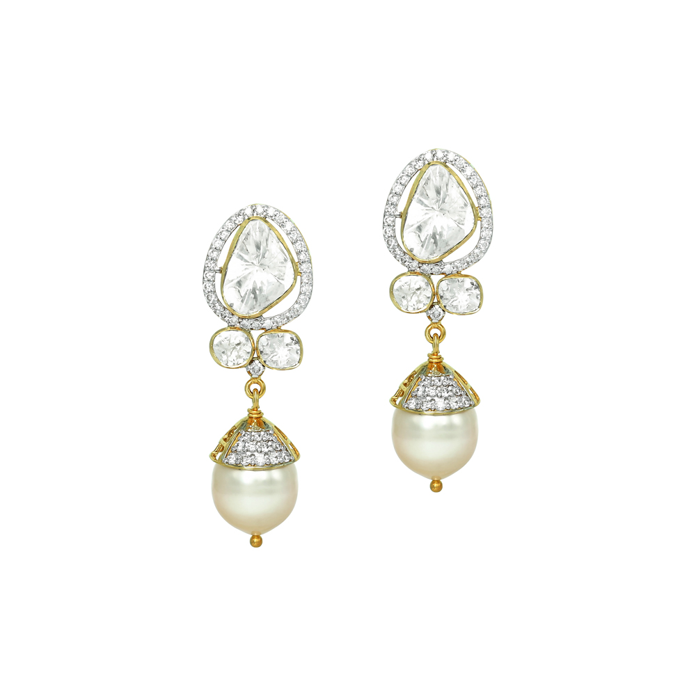 Teardrop Polki Earrings with Diamonds and Pearl Drop